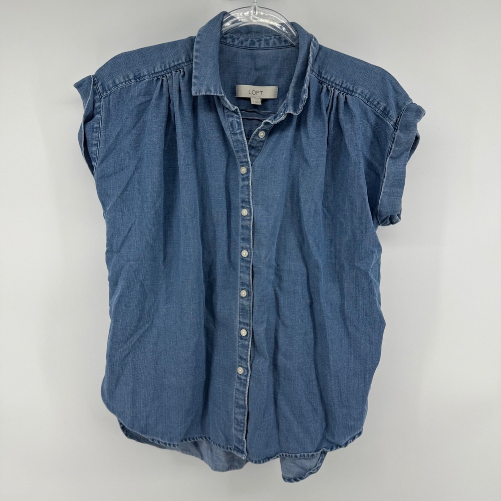 LOFT Blue Denim Button-Front Short Sleeve Blouse